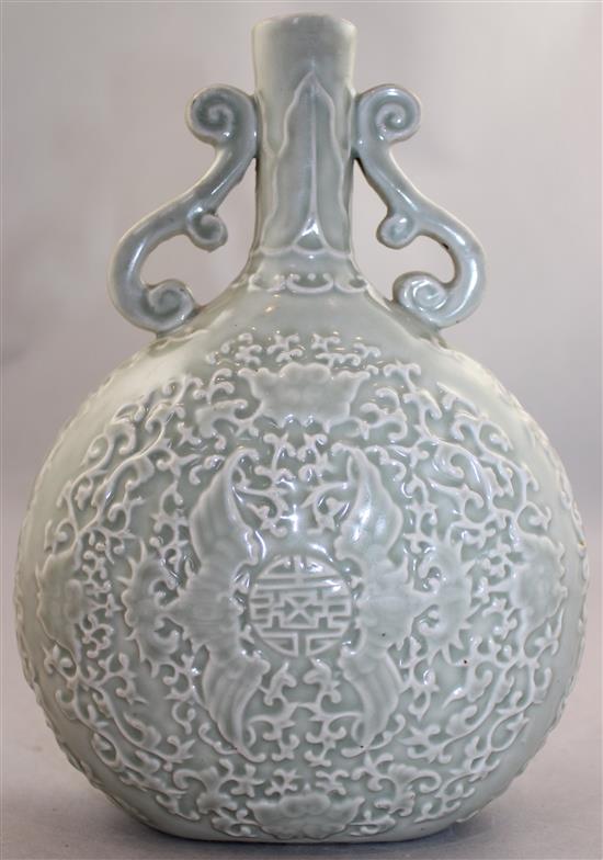 A Chinese moulded and celadon glazed moonflask, Yongzheng mark but later, 24.2cm